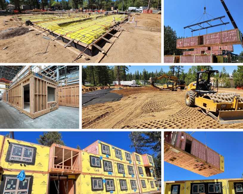 A collage of six in-progress images showing the construction of Sugar Pine Village's modular units.