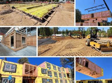 A collage of six in-progress images showing the construction of Sugar Pine Village's modular units.